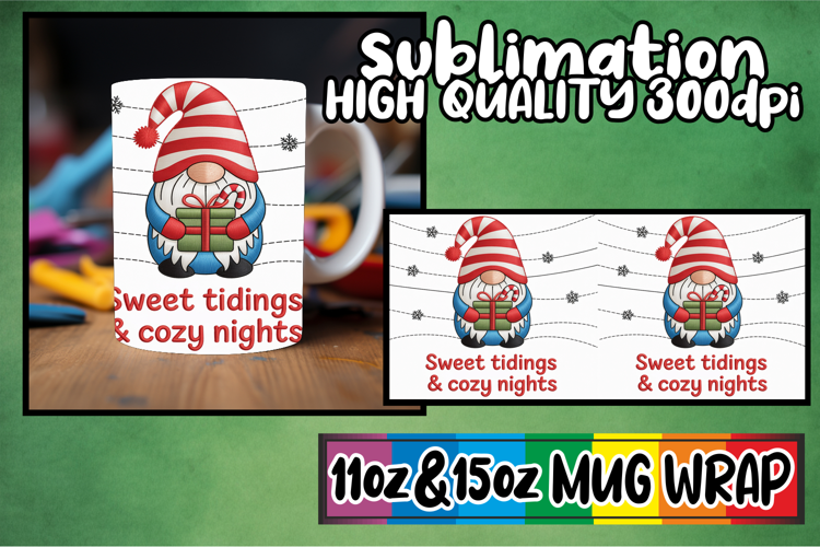 Joyful sips 11oz 15oz sublimation wrap, Holiday Gnome