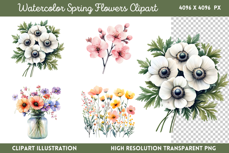 Watercolor Spring Flowers Clipart PNG