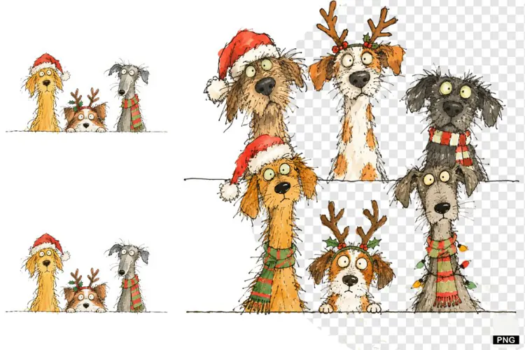 Whimsical Christmas Dogs Peeking PNG