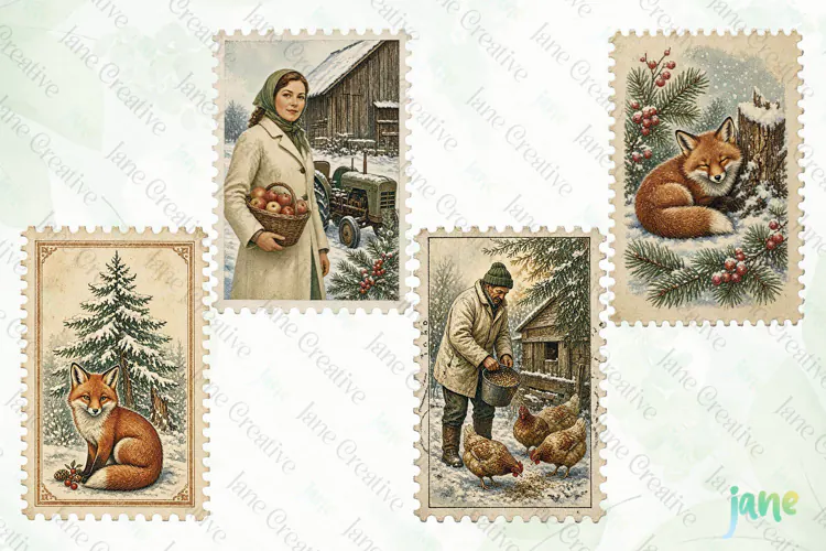 Vintage Winter Postage Stamp Clipart
