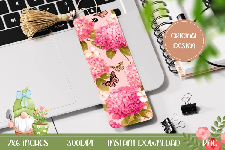 Butterfly Bookmark Printable, Pink Hydrangea Bookmark Design
