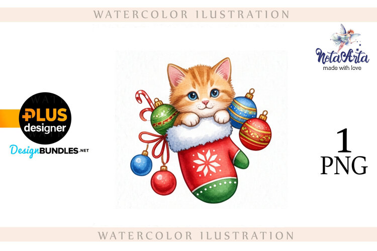 Christmas Kitten in Watercolor Style example image 1