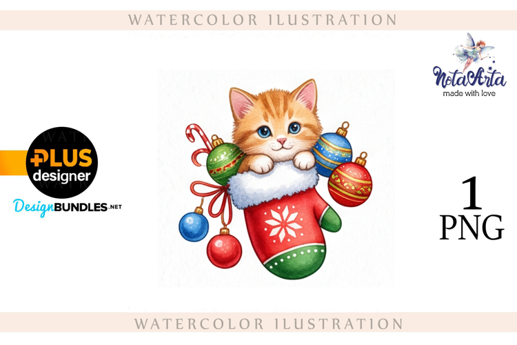 Christmas Kitten in Watercolor Style