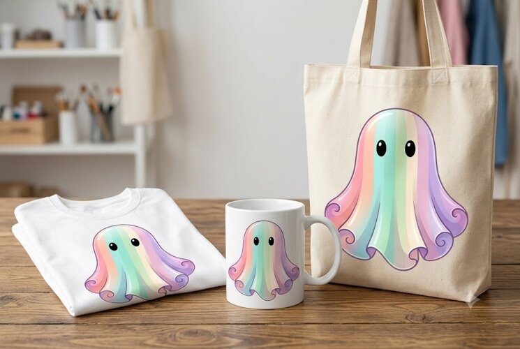Pastel Rainbow Ghost PNG | Cute Kawaii Halloween Clipart example image 1