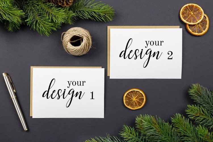 Christmas greeting cards, envelopes mockups, flat lay. PSD. example image 1