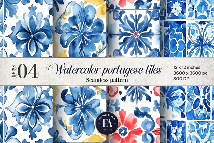Portuguese Watercolor Tile Pattern, Blue and white tiles example image 1