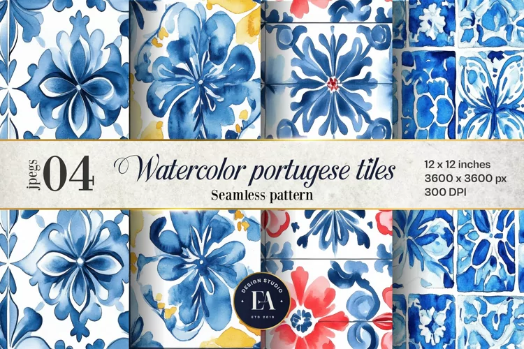 Portuguese Watercolor Tile Pattern, Blue and white tiles