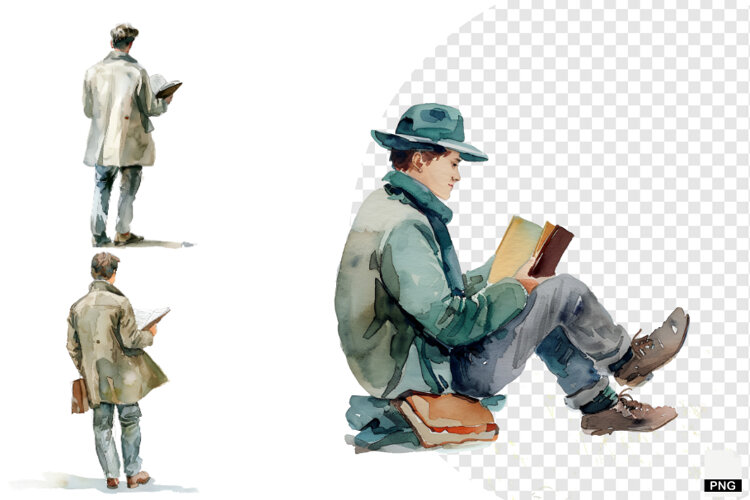 Watercolor Reading Man Clipart example image 1