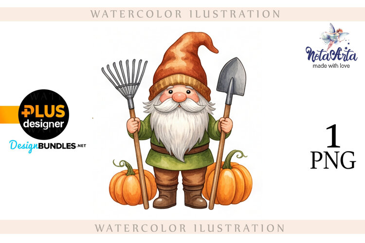 Gnomes with Pumpkin Harvest in Watercolor Style example image 1