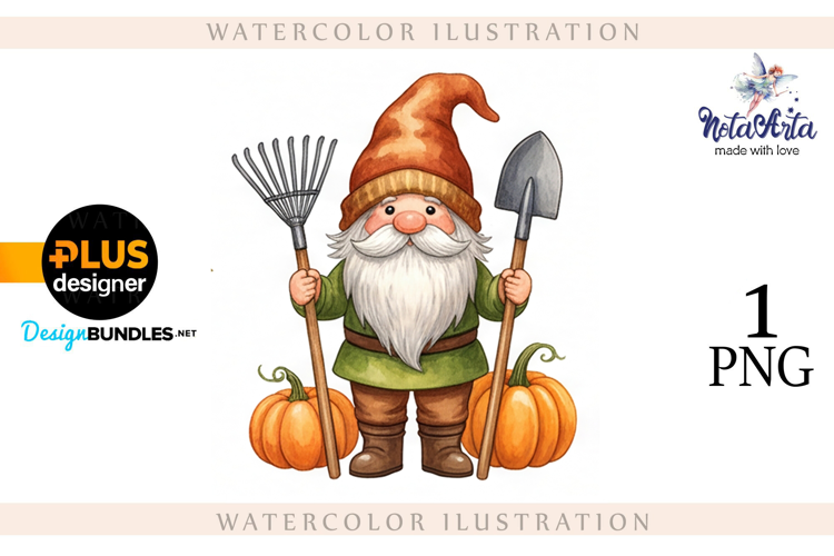 Gnomes with Pumpkin Harvest in Watercolor Style