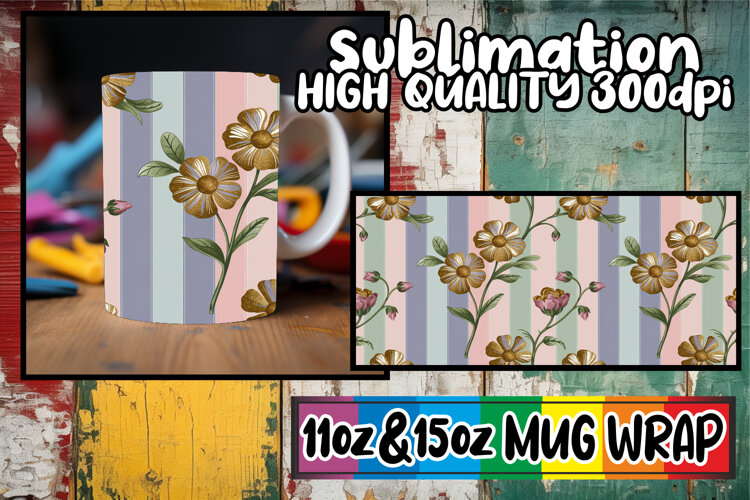 Whimsical charm 11oz 15oz mug wrap, Gold Flower example image 1