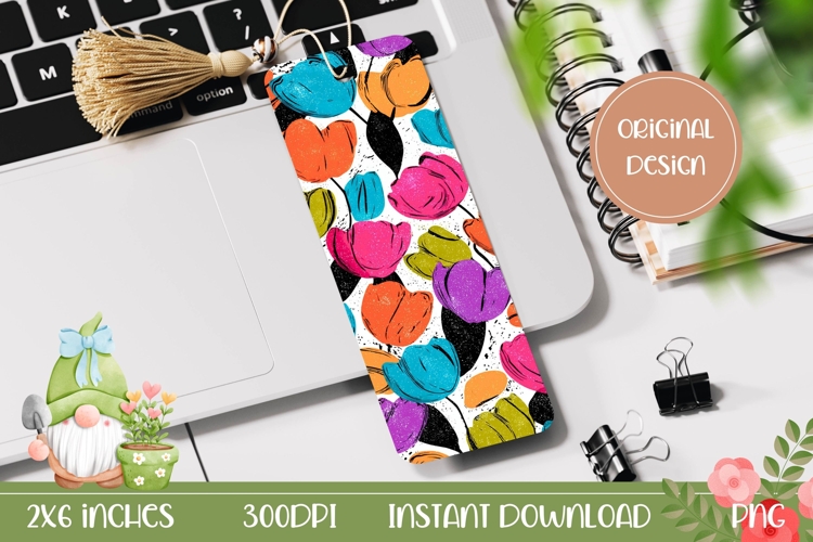Colorful Bookmark Printable, Cartoon Tulips Bookmark PNG