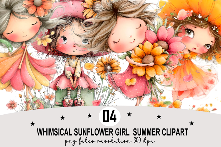 Whimsical Sunflower Girl Summer Clipart Watercolor png