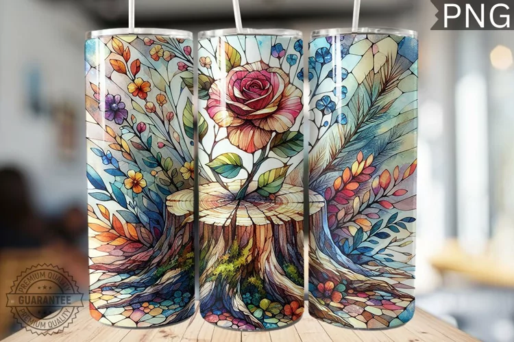 Watercolor Flower Wooden Stump Tumbler - High Quality 3Dpi