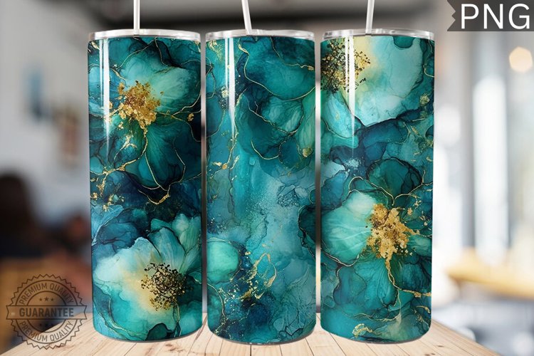 Teal Alcohol Ink Flower Tumbler Wrap -High Quality 300 Dpi