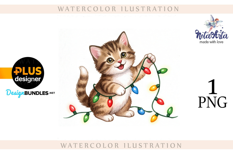 Christmas Kitten in Watercolor Style
