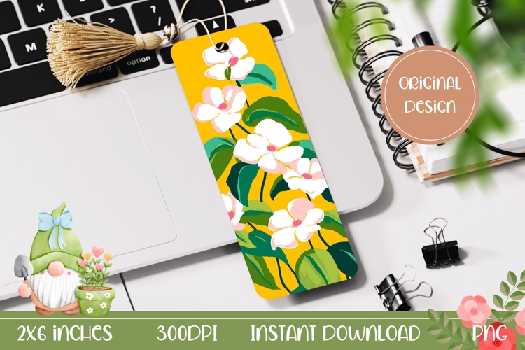 Yellow Bookmark Print, White Flowers Bookmark Template