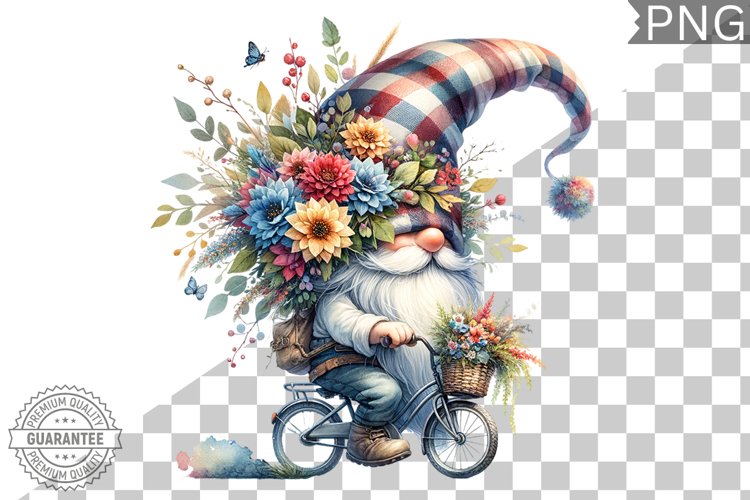 Floral Crown Gnome Rides A Bike Sublimation Clipart Design