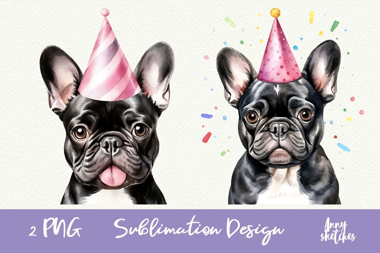 2 French Bulldog Birthday Party Hat Watercolor Clipart PNG
