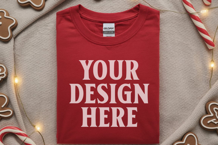 Gildan 64000 Red Folded Christmas Flat Lay T-shirt