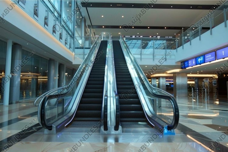Modern empty shopping mall with escalators going up