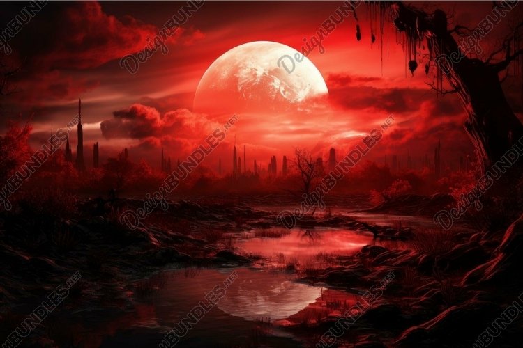 Apocalyptic red moonrise over desolate landscape example image 1