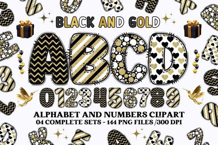 Black and Gold Alphabet png clipart, gold letters doodle