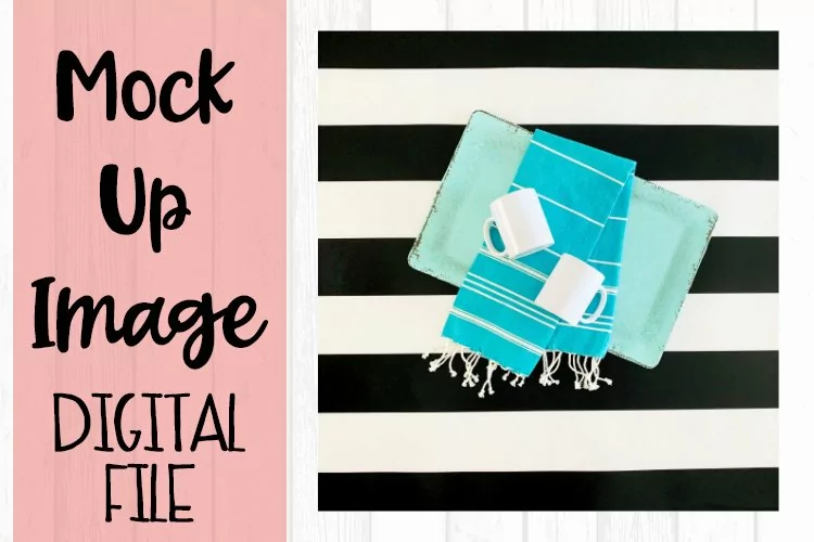 Two Mugs on Tray Striped Background Mock Up