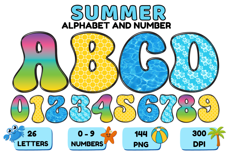 Summer Alphabet & Numbers PNG Clipart Doodle Letters 300 DPI