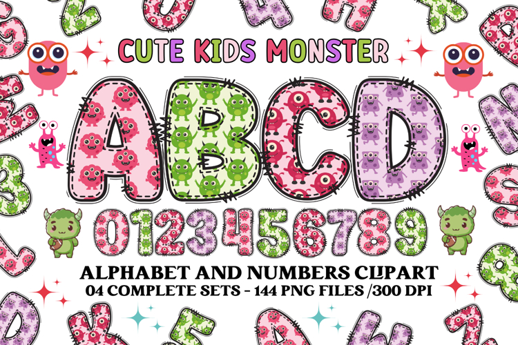 Cute Kids Monster Alphabet & Numbers doodle PNG Clipart