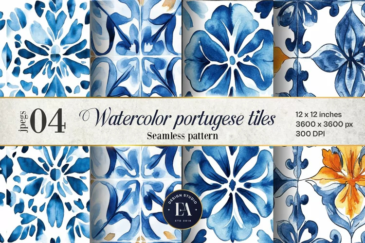 Portuguese Watercolor Tile Pattern, Blue and white tiles