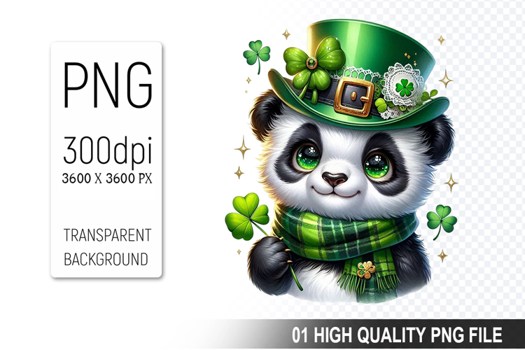 St. Patrick’s Day Panda with Hat Clipart, Shamrocks PNG