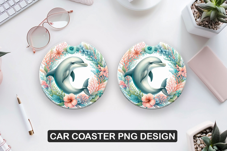 Dolphin Flower Car Coaster Sublimation| Animal Coaster PNG