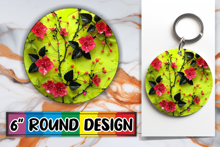 Summer Blossom Glitter Round Design Sublimation Keychain
