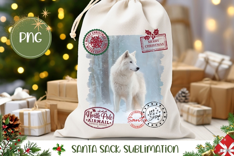 Watercolor Christmas Wolf Santa Sack, Cute Gift Bag Design
