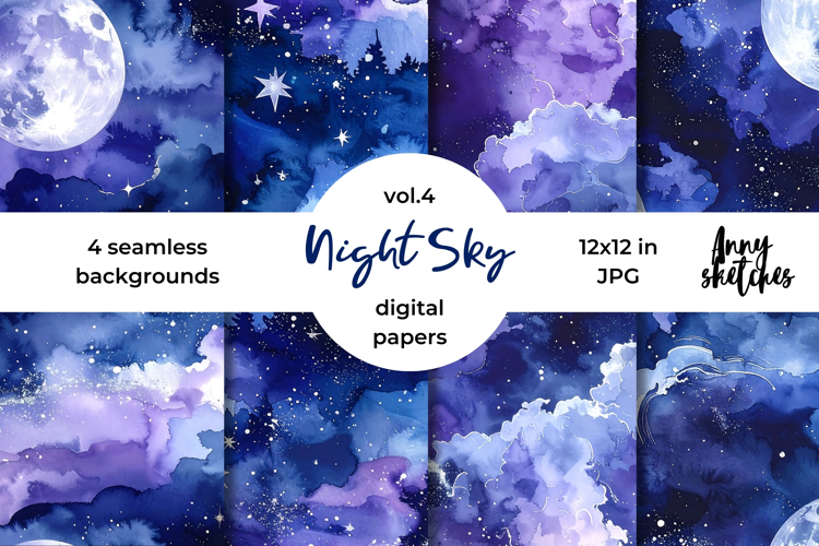 Moon & Night Sky Digital Paper Watercolor Seamless Pattern