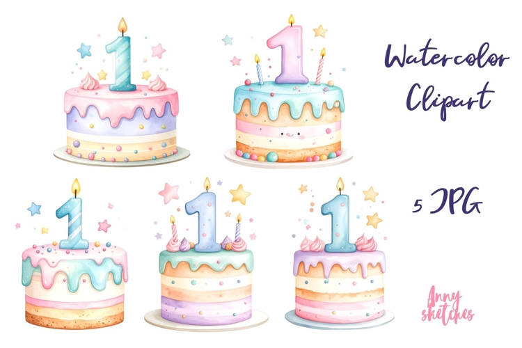 5 Baby’s First Birthday Cake Clipart Pastel Kawaii Number 1