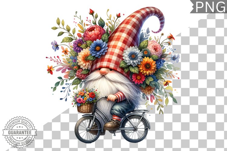Floral Crown Gnome Rides A Bike Sublimation Clipart Design