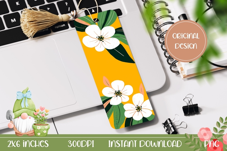 Yellow Bookmark Print, White Flowers Bookmark Printable