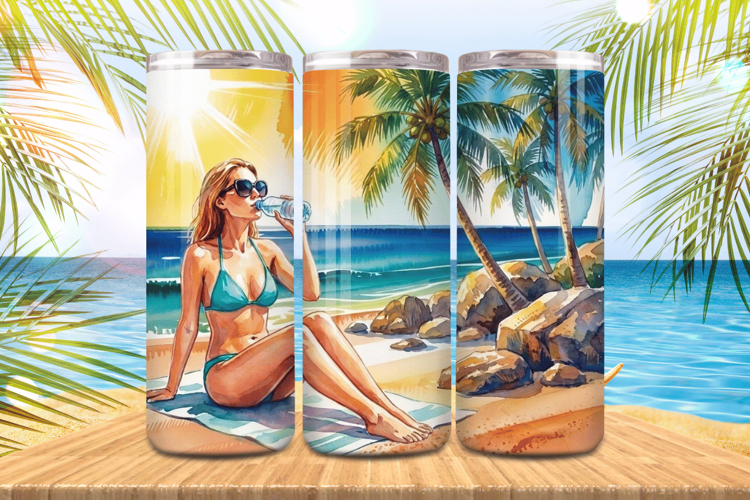 Cute girl drinking water on beach Tumbler Wrap PNG Sublimati