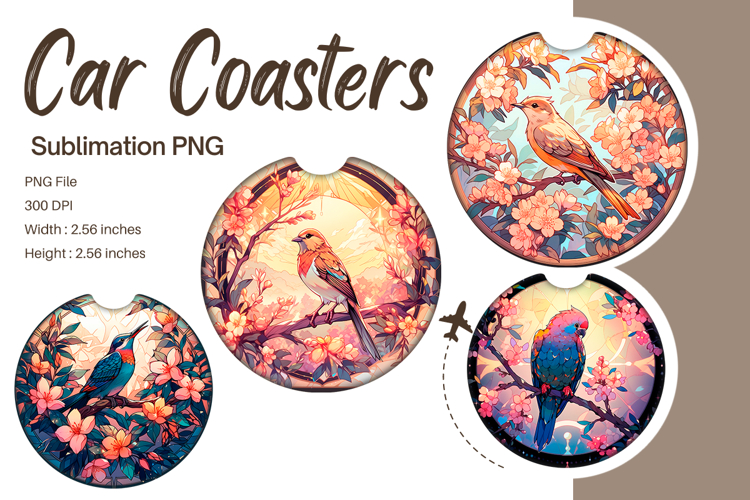 Bird Flower Stained Glass Car Coasters Accessories Printable