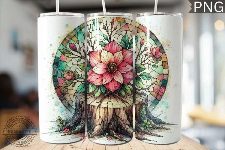 Watercolor Flower Wooden Stump Tumbler - High Quality 3Dpi