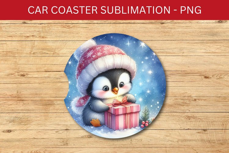 rounded car coaster - penguin and wrapped gift