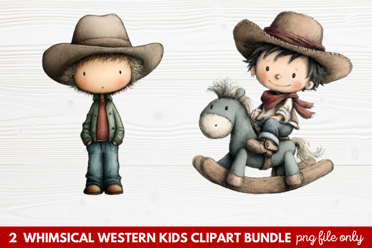 2 Whimsical Western Kids Clipart | Cute Cowboy   Cowgirl PNG