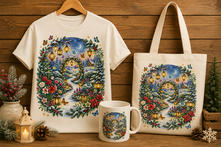 Magical Christmas Garden Winter Landscape Art Print PNG