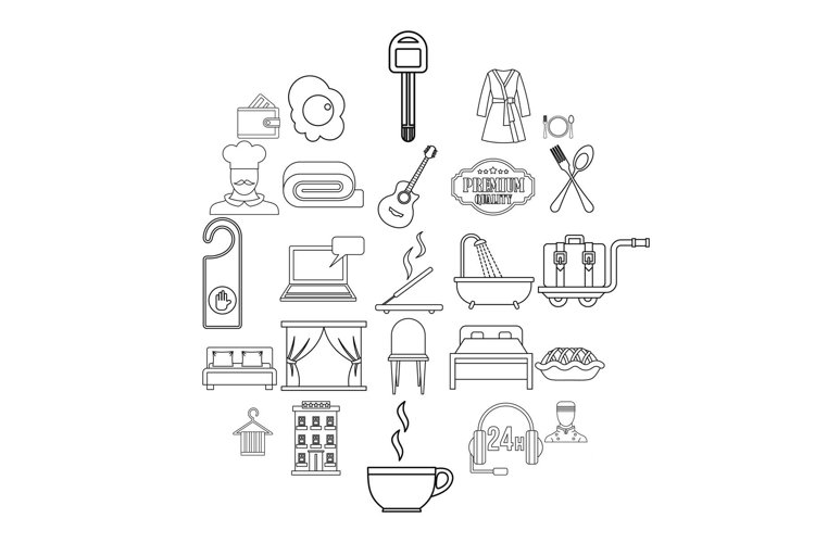 Hostel icons set, outline style