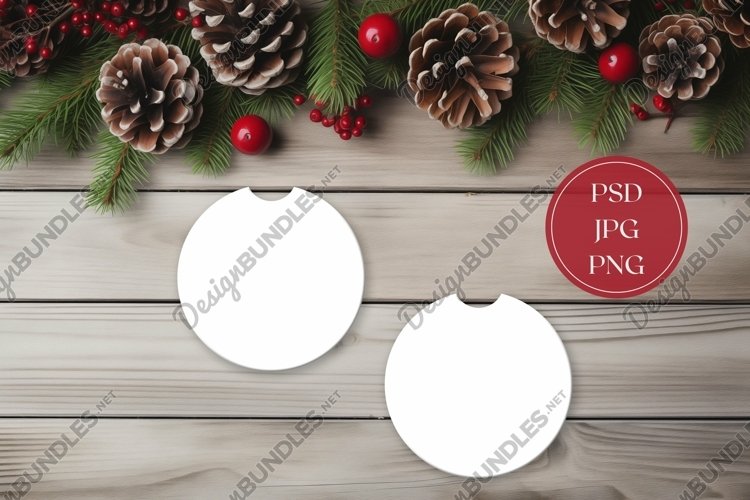 Christmas Car Coasters Mock Up, Wooden Table Flat Lay Mockup example image 1