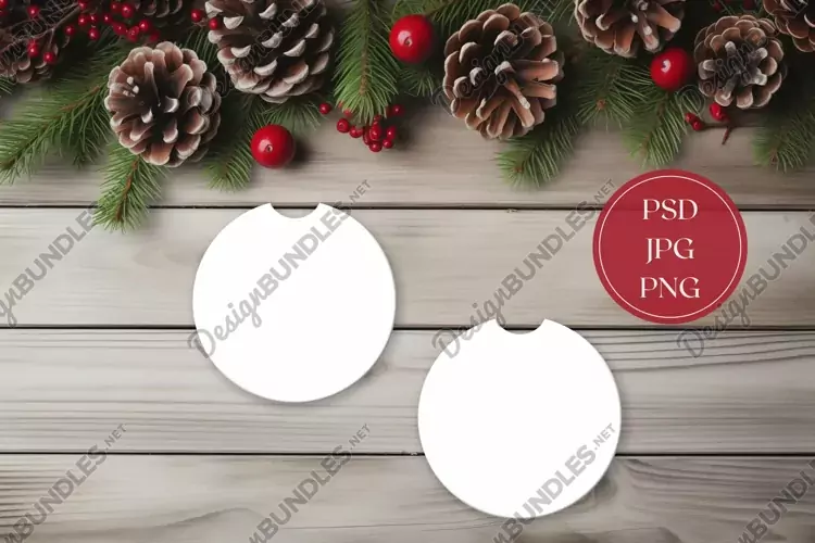 Christmas Car Coasters Mock Up, Wooden Table Flat Lay Mockup