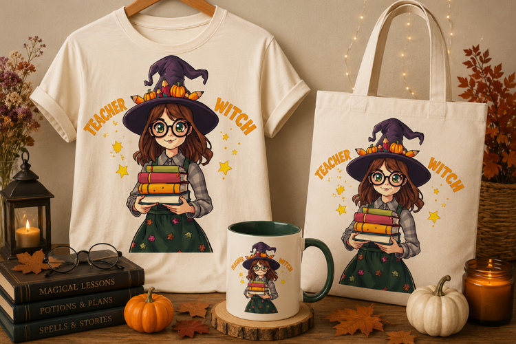 Teacher Witch PNG | Cute Halloween Teacher Books Clipart