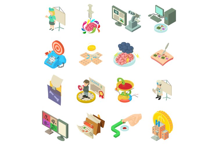 Medical bureaucracy icons set, isometric style